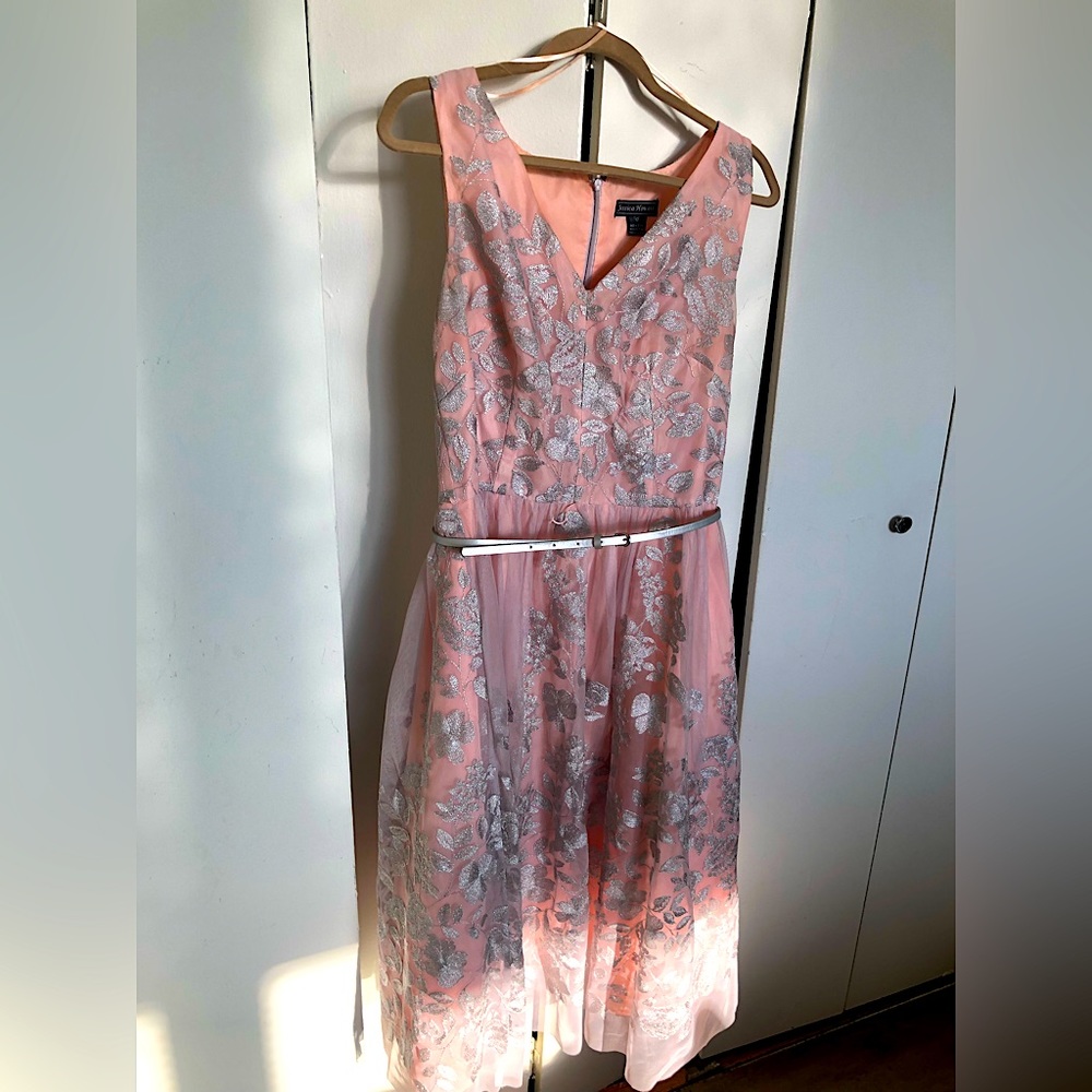 Beautiful Size 12. Jessica Howard silver and peach lace dress.